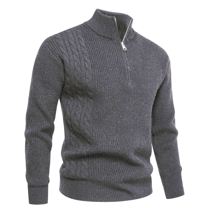 Herren Feinstrick-Halbzip-Pullover mit Stehkragen, Rippstruktur und Schulter-Zopfdetail Drune