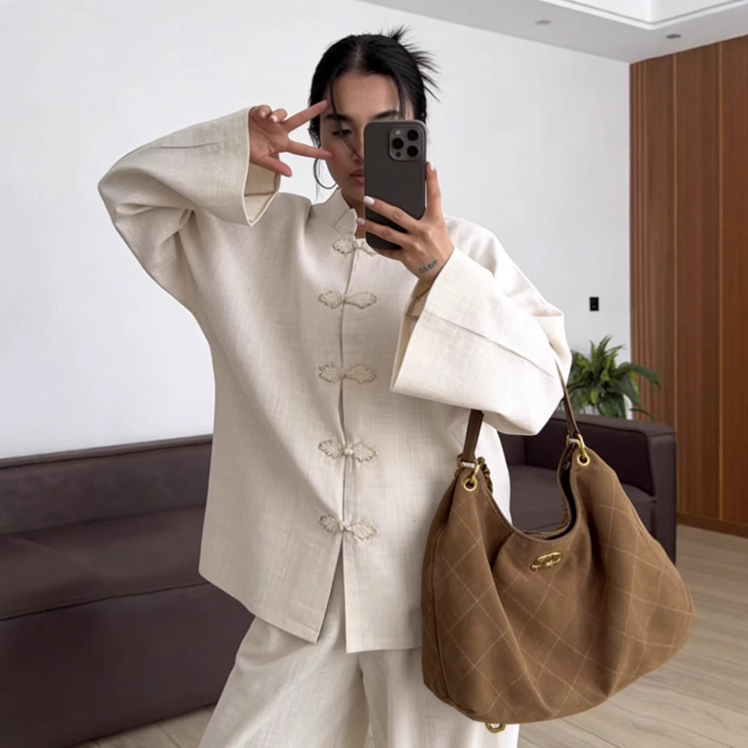 Damen Oversized Mandarinjacke mit Knotenverschlüssen und weitem Arm Drune