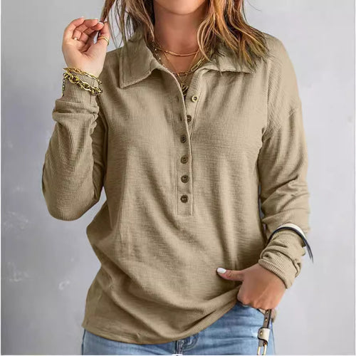 Damen Langarm-Bluse mit knöpfbarem Kragen und strukturiertem Stoff Drune
