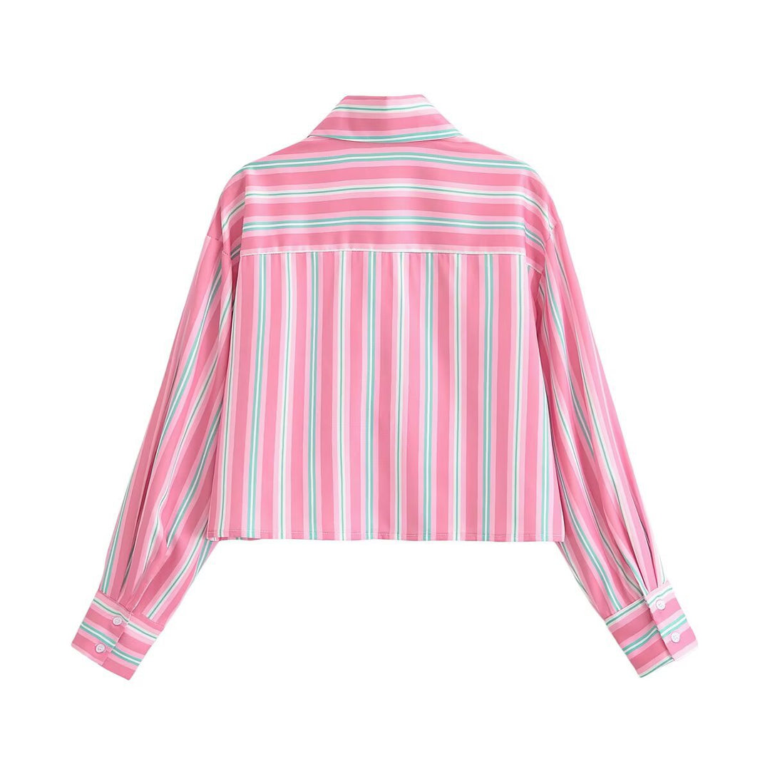Damen Cropped-Hemdbluse im Streifenlook mit Spitzenbesatz und aufgesetzten Taschen Drune