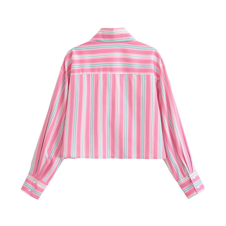Damen Cropped-Hemdbluse im Streifenlook mit Spitzenbesatz und aufgesetzten Taschen Drune