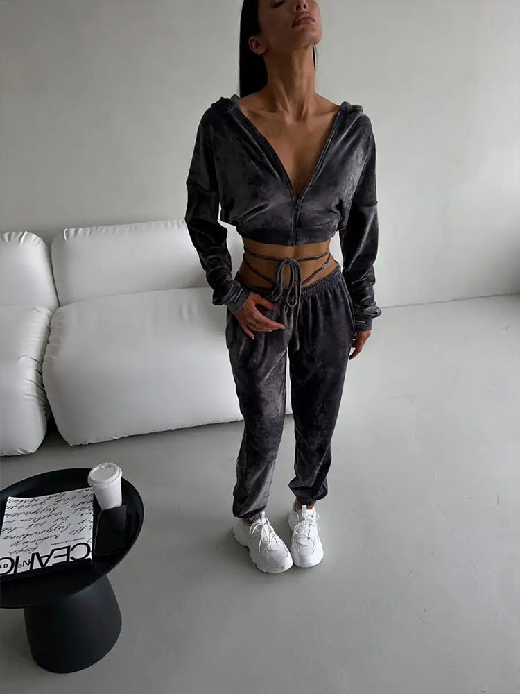 Damen Fleece-Trainingsanzug mit glamourösem cropped Hoodie und Jogginghosen Drune