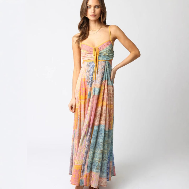 Damen nan bodenlanges Boho-Strandkleid mit gerafftem Bustier und Tunnelzug Drune