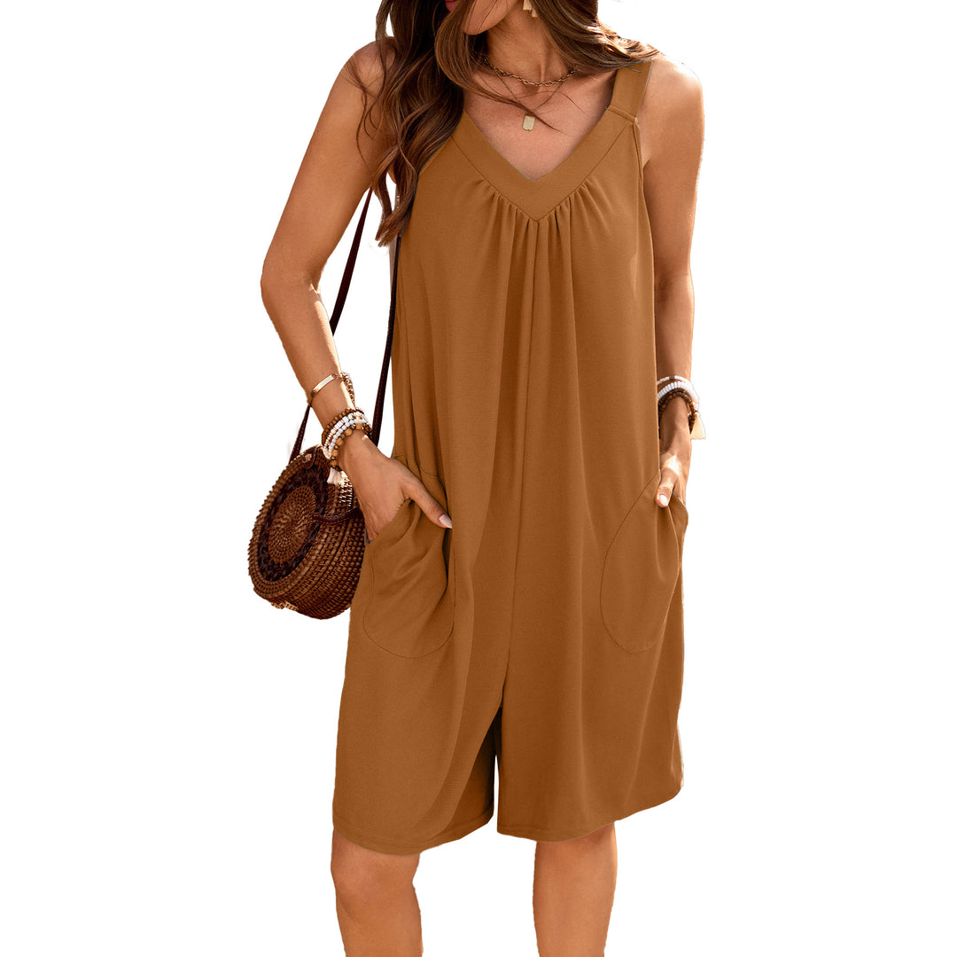 Damen ärmelloses Jumpsuit mit tiefem V-Ausschnitt und praktischen Taschen Drune