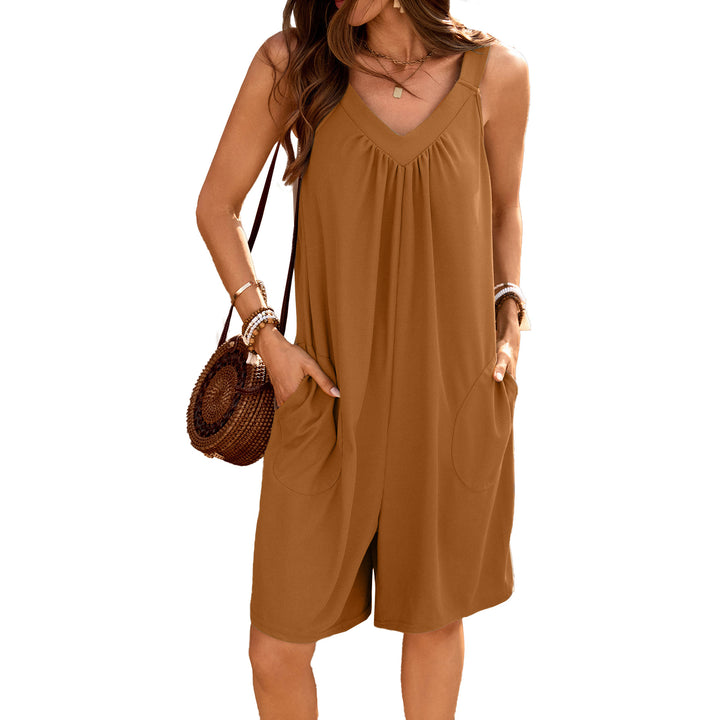 Damen ärmelloses Jumpsuit mit tiefem V-Ausschnitt und praktischen Taschen Drune