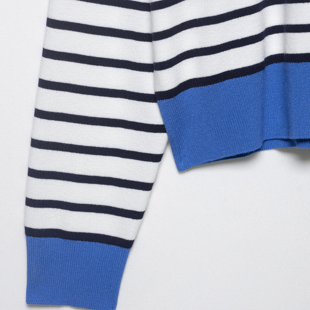 Damen Gestreiftes Cropped Strickpolo mit halbem Reißverschluss und breitem Rippbund Drune
