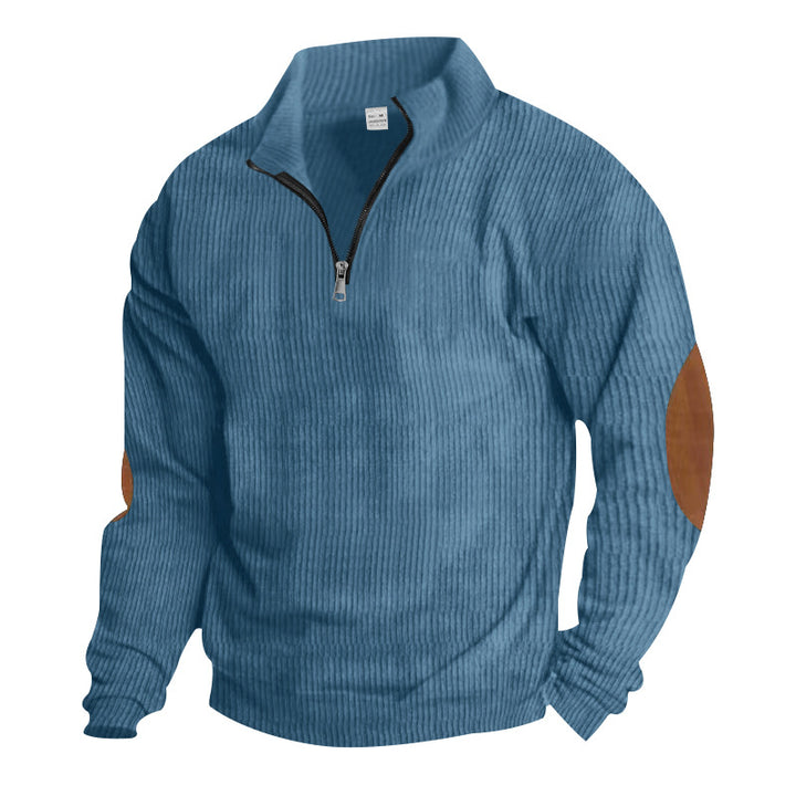 Herren nan gerippter Feinstrick-Pullover mit kurzem Reißverschluss Stehkragen und Lederoptik-Ellbogenpatches Drune