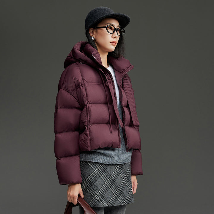 Damen Kurz geschnittene Boxy-Steppjacke mit voluminöser Kapuze und Kordelzug Drune