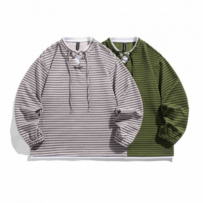 Unisex Gestreifter Oversize-Pullover mit Schnürkragen und Strukturstrick Drune