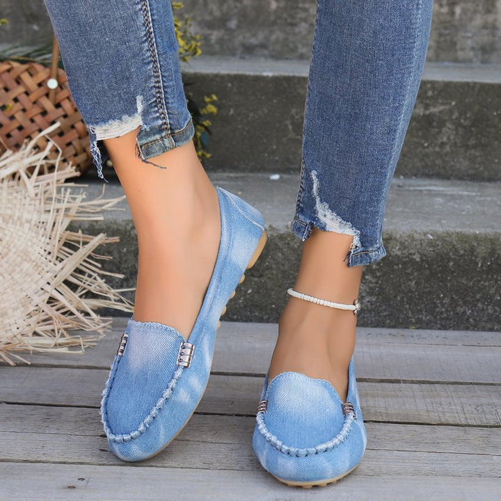 Damen nan lässige Denim-Mokassin-Slipper mit elastischem Einstieg und rutschfester Gummisohle Drune
