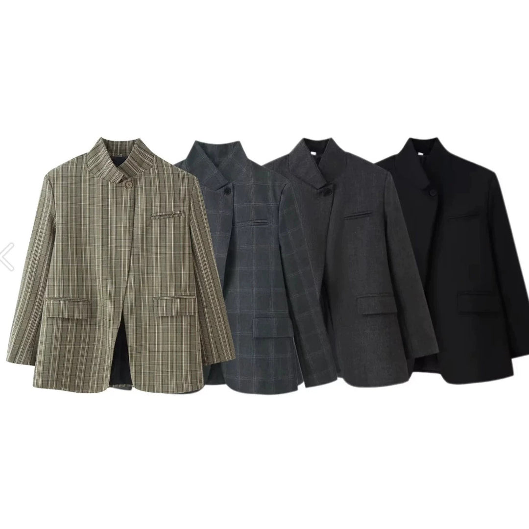 Damen 100+ Cropped Karoblazer mit Stehkragen, verdeckter Knopfleiste und Pattentaschen Drune