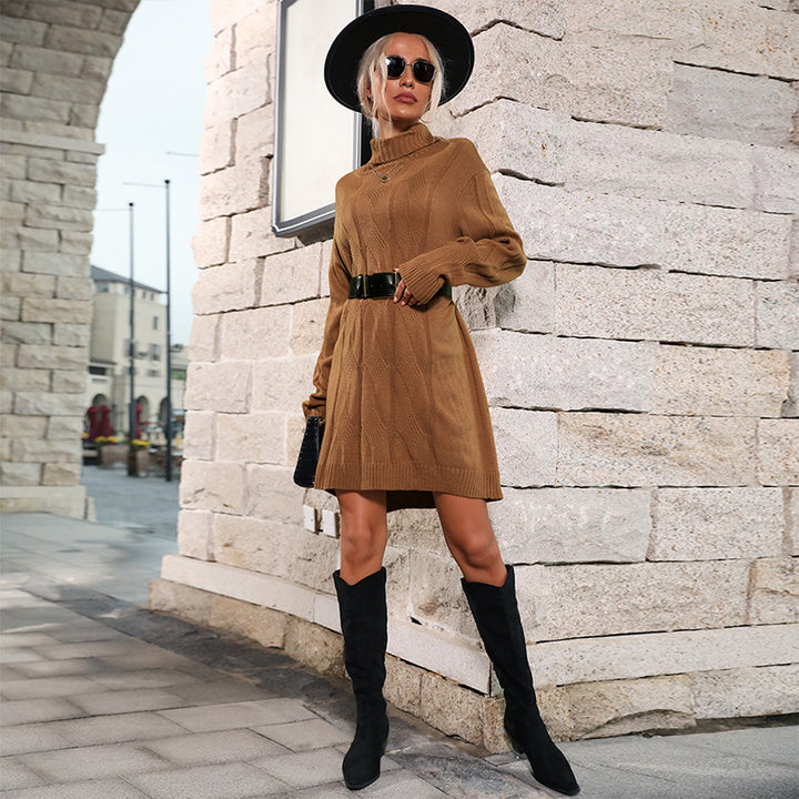 Damen Strickkleid mit Rollkragen, Zopfmuster und taillierendem Gürtel Drune