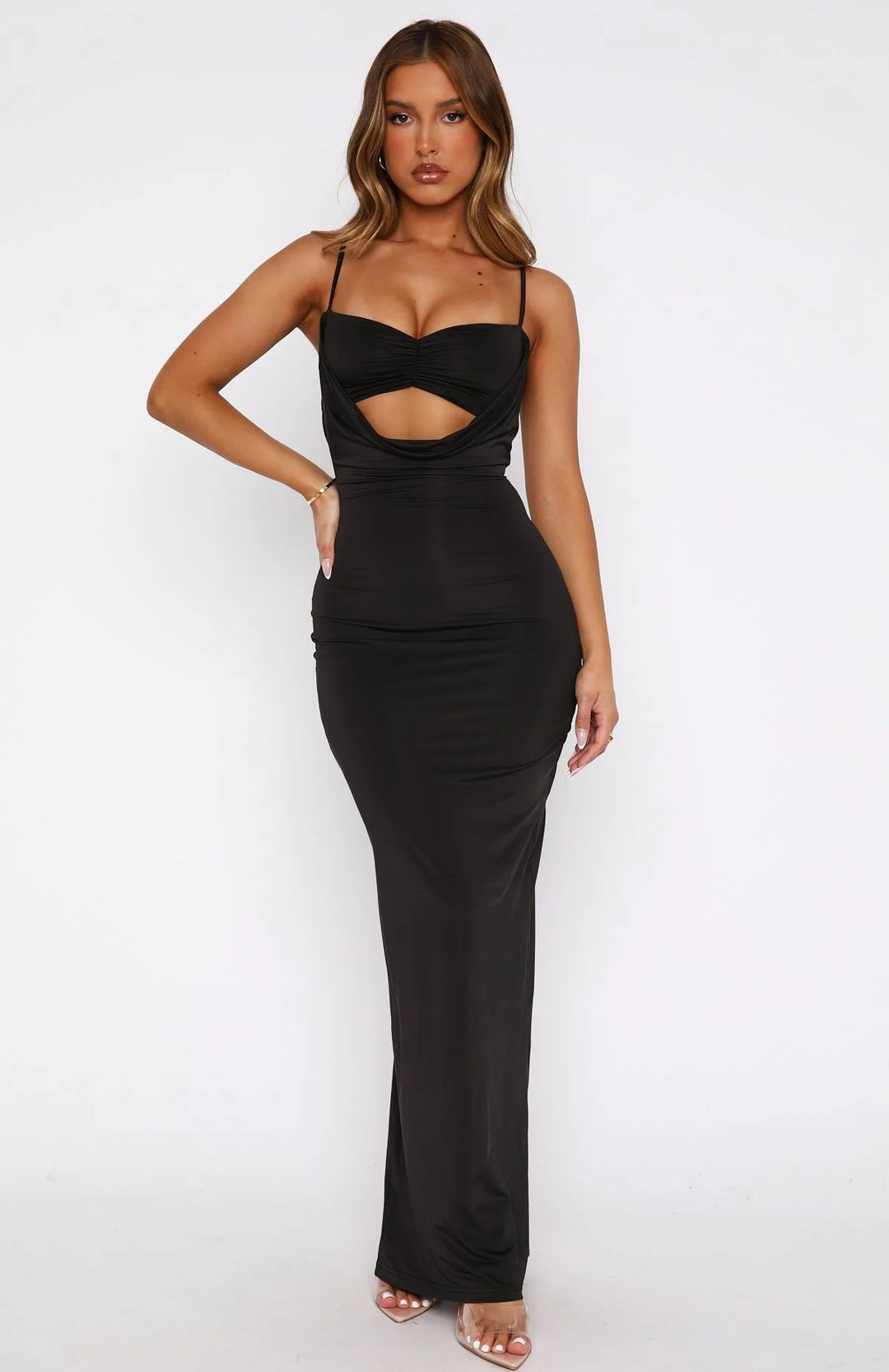 Damen Edles Maxikleid mit figurformendem Schnitt und raffiniertem Cut-Out Drune
