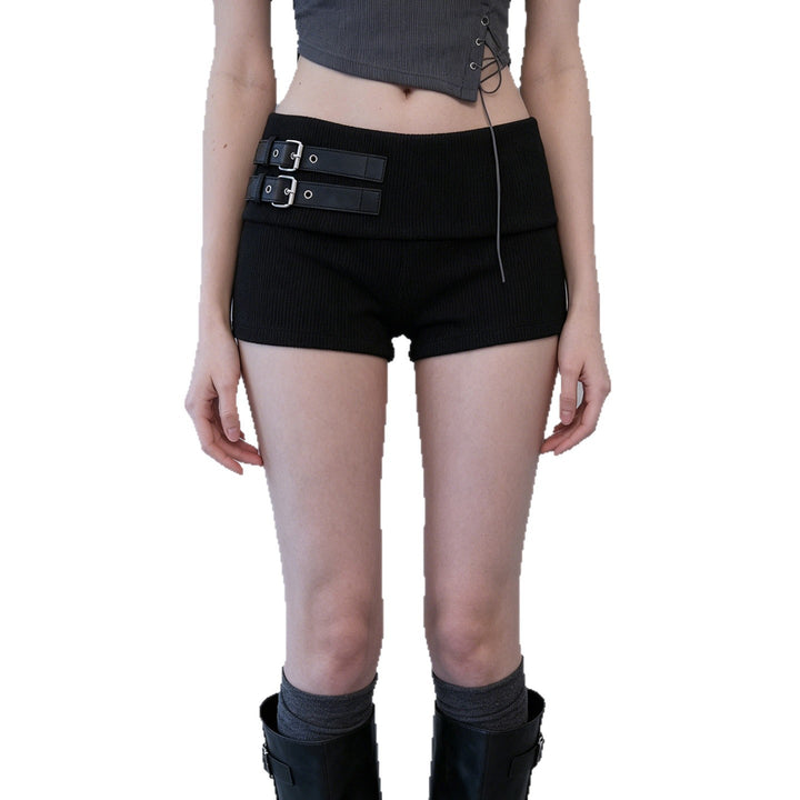 Damen elegante Shorts mit dekorativen Riemen und hohem Bund Drune