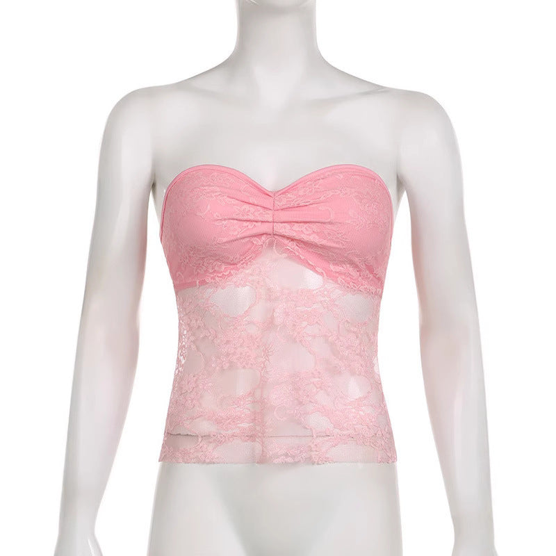 Damen Spitzen-Crop-Top mit elegante Raffung und transparenter Details Drune
