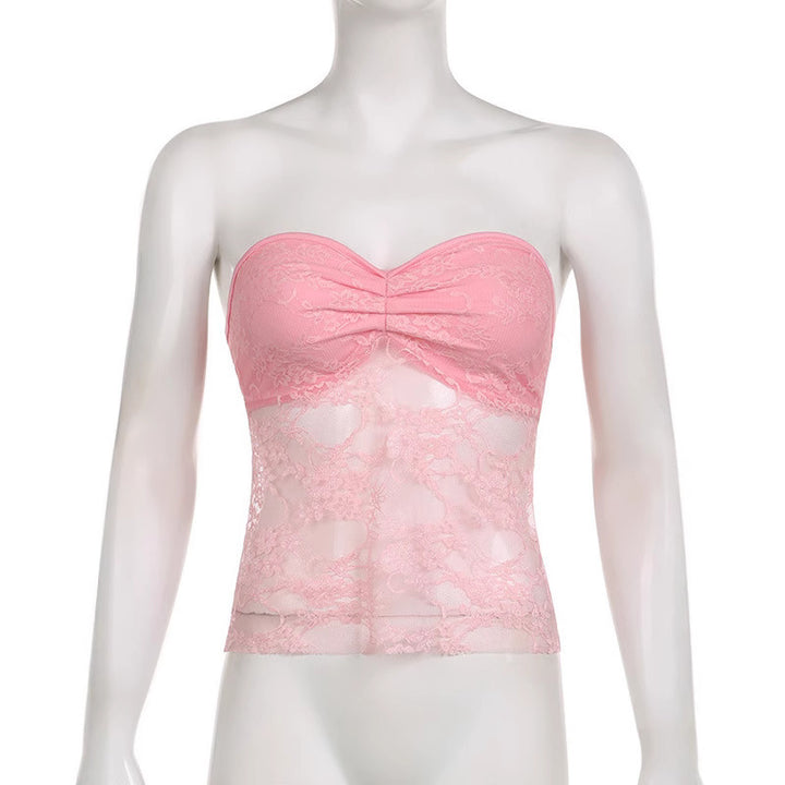 Damen Spitzen-Crop-Top mit elegante Raffung und transparenter Details Drune