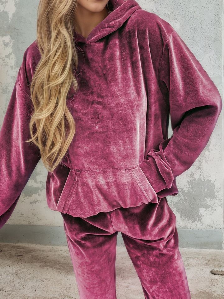 Damen Samt-Jogginganzug mit Kapuzenhoodie, Kängurutasche und elastischer Bündchenhose Drune
