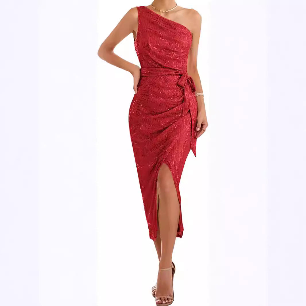 Damen asymmetrisches Abendkleid mit Pailletten und hohem Schlitz Drune