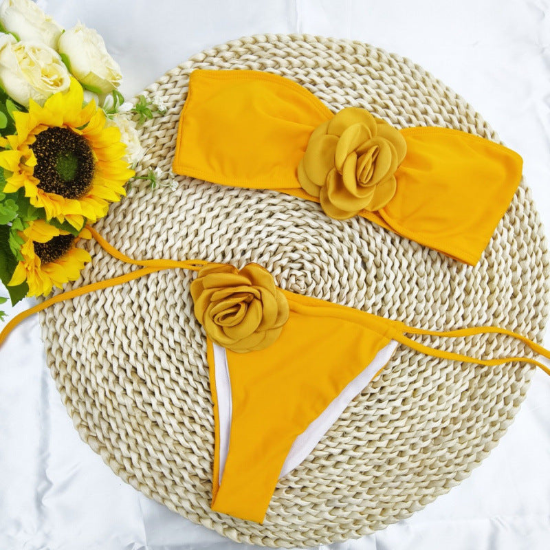Damen Bandeau-Bikini mit floralem Akzent und verstellbaren Trägern Drune