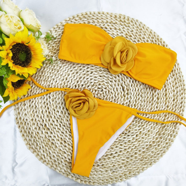 Damen Bandeau-Bikini mit floralem Akzent und verstellbaren Trägern Drune