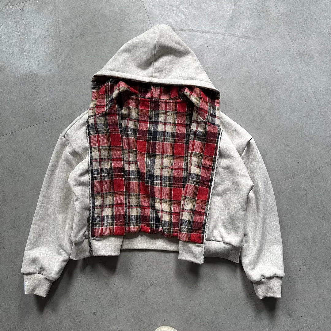 Herren gepolsterter Hoodie mit kariertem Futter und durchgehendem Reißverschluss Drune