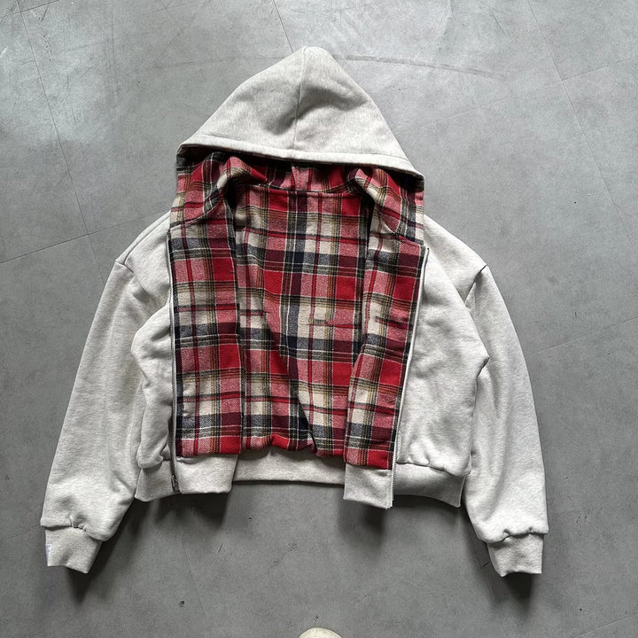 Herren gepolsterter Hoodie mit kariertem Futter und durchgehendem Reißverschluss Drune