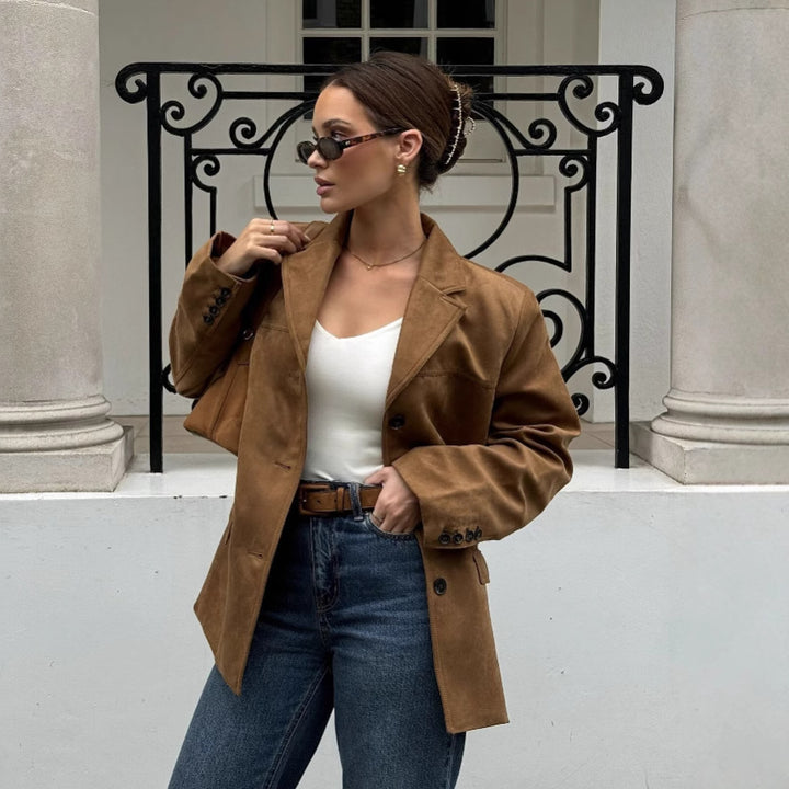 Damen nan kurzer Veloursleder Mantelblazer mit Reverskragen und aufgesetzten Pattentaschen Drune