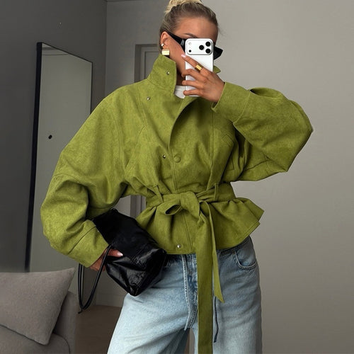 Damen Taillierte Kurzjacke im Blouson‑Stil mit Bindegürtel und Stehkragen Drune