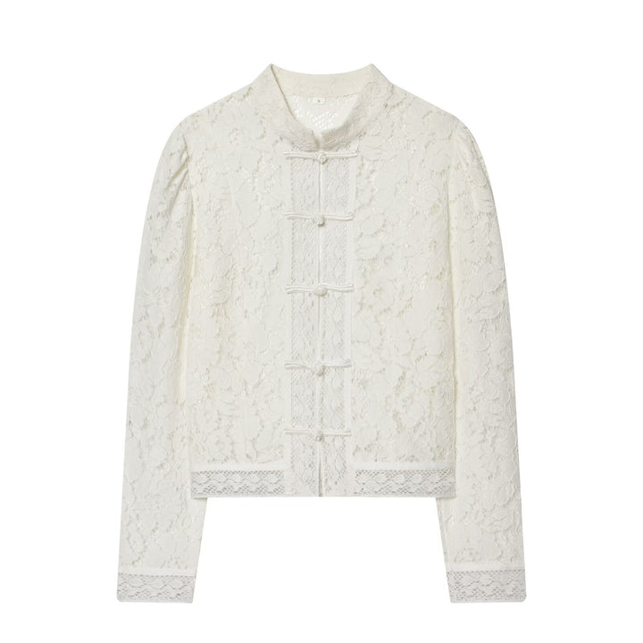 Damen Spitzenjacke mit Stehkragen und chinesischen Knotenverschlüssen Drune