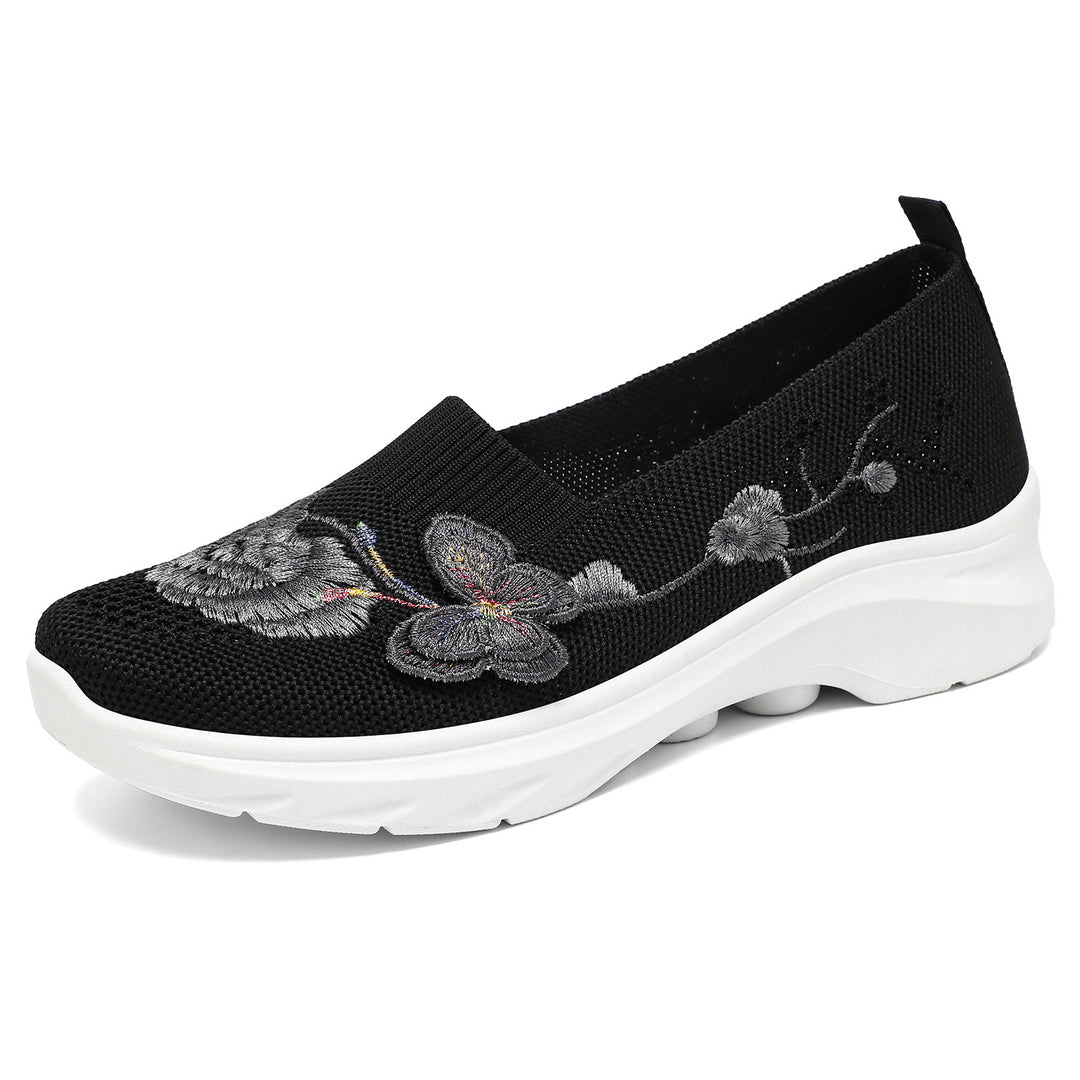 Damen nan gestrickte Slip-On Slipper mit Schmetterlings-Stickapplikation und dämpfender EVA-Plateausohle Drune