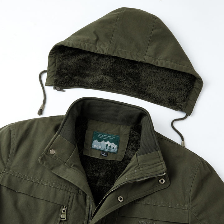 Herren Parka mit Teddyfutter, Kapuze und robuster Canvas-Außenschicht Drune