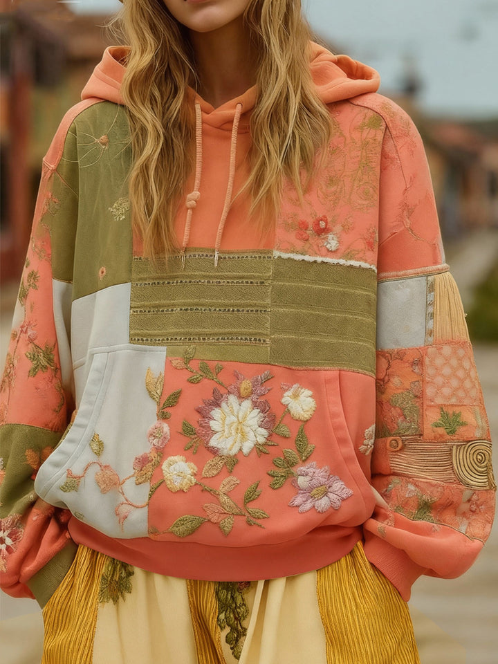 Damen Bestickter Patchwork-Kapuzenpullover mit Blumenapplikation und Kängurutasche Drune