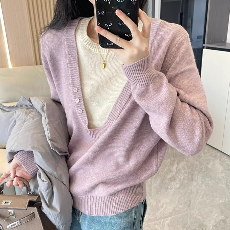 Damen Tiefer V‑Ausschnitt Feinstrickpullover mit Layering‑Effekt und leichter Taillierung Drune