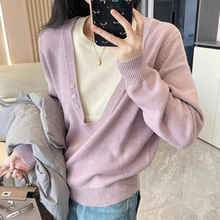 Damen Tiefer V‑Ausschnitt Feinstrickpullover mit Layering‑Effekt und leichter Taillierung Drune