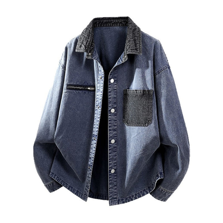 Herren Oversize Denim-Hemdjacke mit Kontrasttasche und Druckknopfleiste Drune
