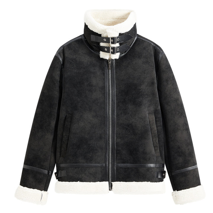 Herren Lammfellimitat Fliegerjacke mit hohem Kragen und Doppel-Schnallenverschluss Drune
