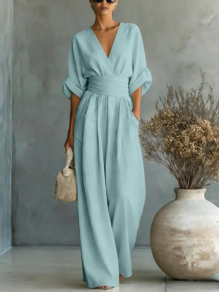 Drune | Eleganter Ärmelloser Jumpsuit mit Tiefem V-Ausschnitt, Taillenbund und Weitem Bein