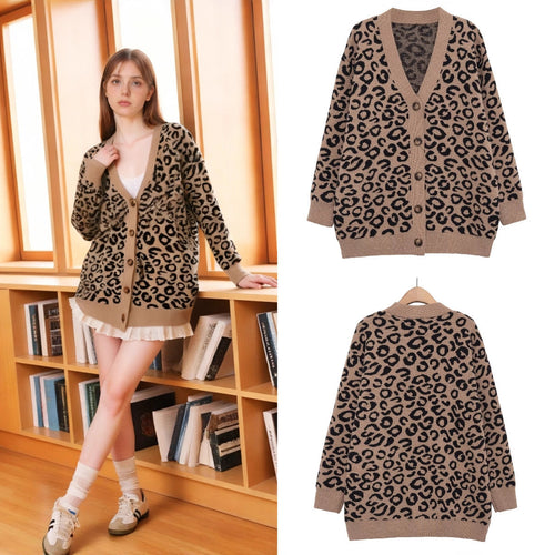 Damen Oversize-Strickcardigan mit Leoprint, V‑Ausschnitt und Knopfleiste Drune
