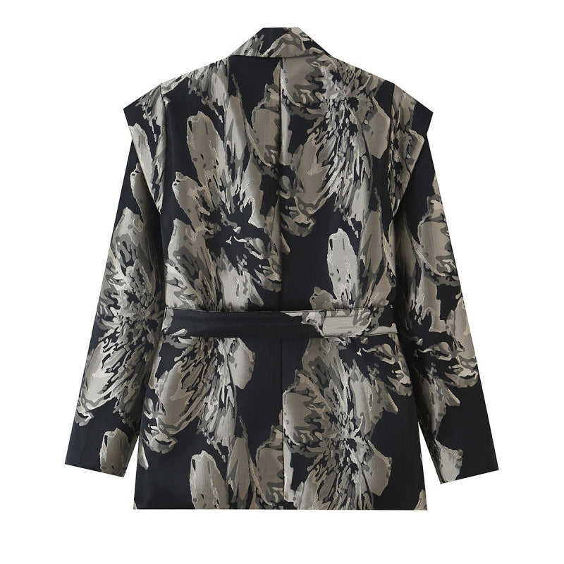 Damen Jacquard‑Blazer mit floralem Jacquardmuster, breitem Revers und Bindegürtel Drune