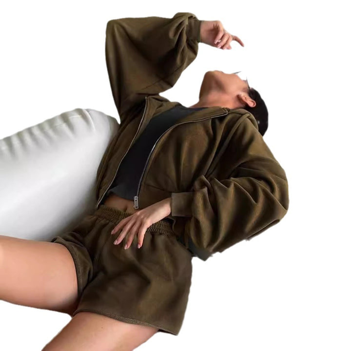 Damen oversized Cropped-Zip-Hoodie mit voluminösen Ballonärmeln und elastischer High‑Waist Loungeboxer-Shorts Drune