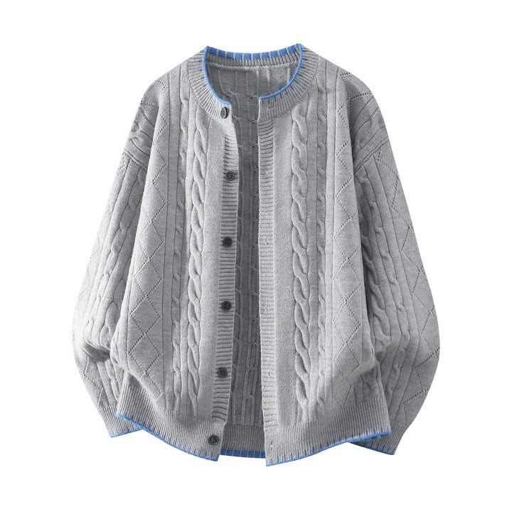 Damen Oversize Zopfmuster-Cardigan mit Rundhalsausschnitt, Ballonärmeln & Kontrastnaht Drune