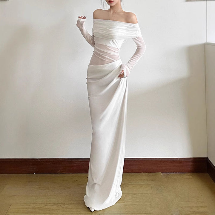 Damen Off-Shoulder Maxikleid mit figurbetonendem Design und Raffung Drune