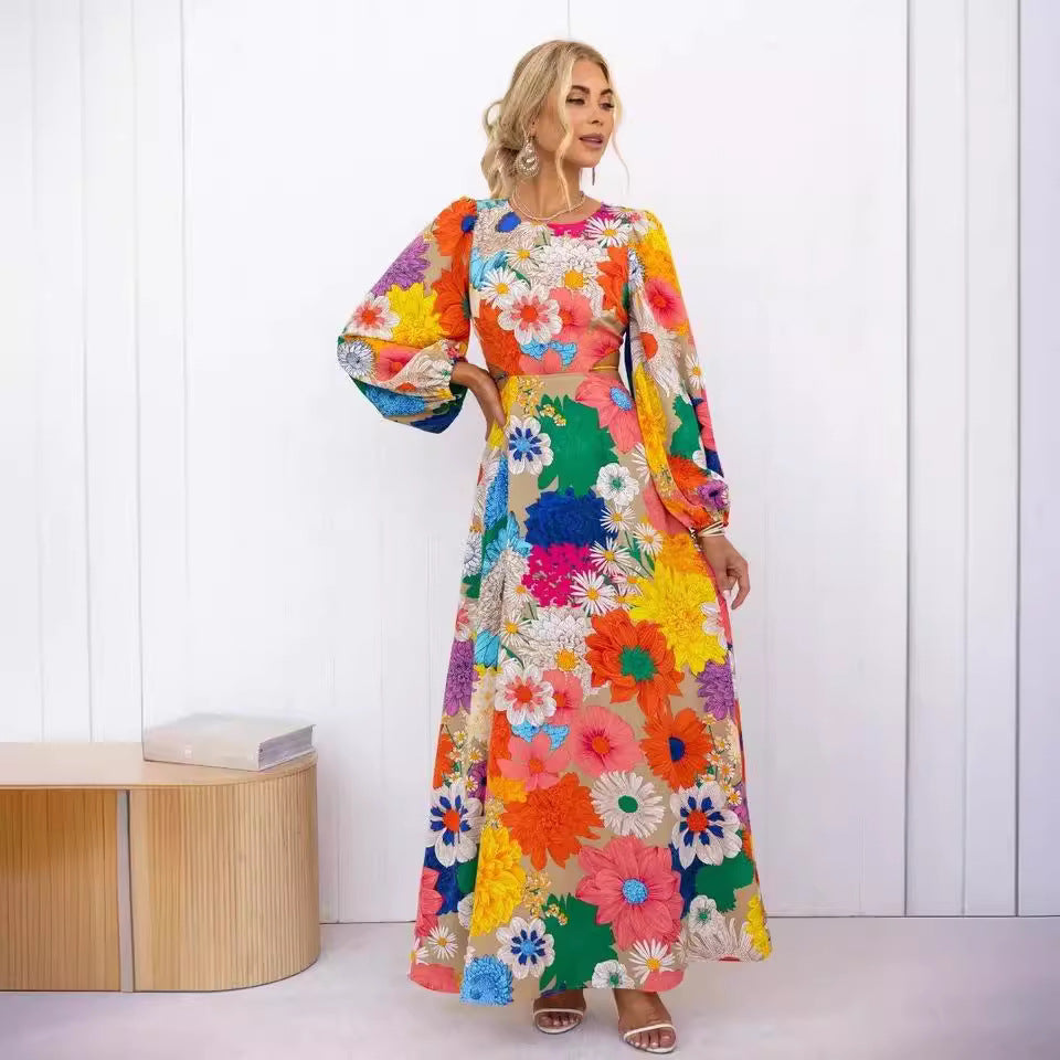 Damen Blumenmaxikleid mit voluminösen Ärmeln und floralem Allover-Print Drune