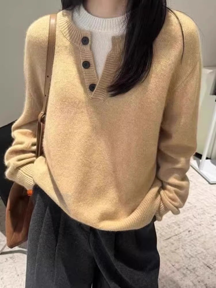 Damen Oversize-Henley-Pullover aus flauschigem Mohair‑Look mit Knopfleiste Drune