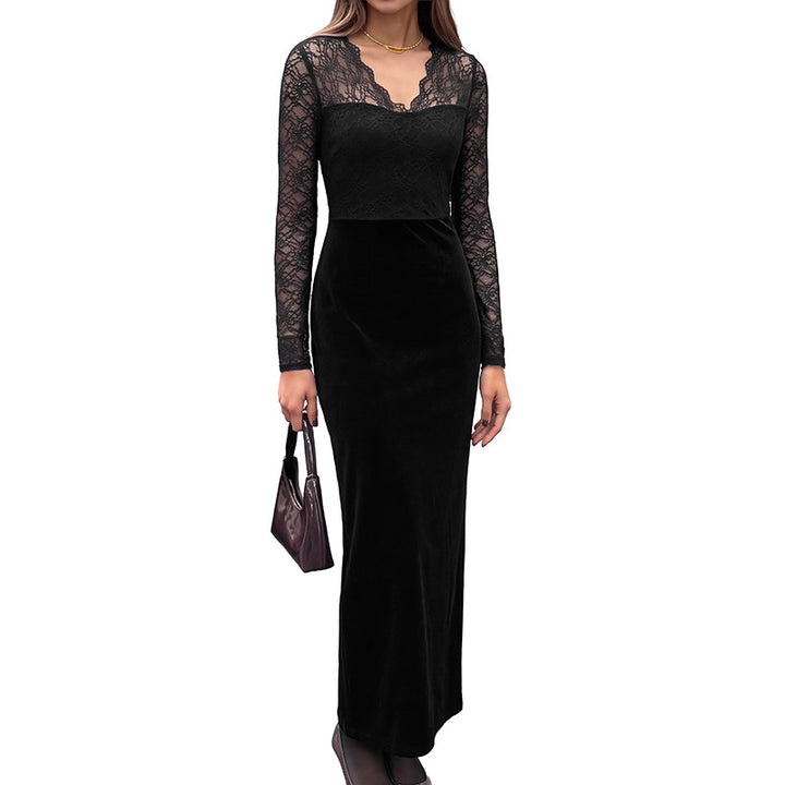 Damen Elegantes Langarm Maxikleid aus Samt und Spitze Drune
