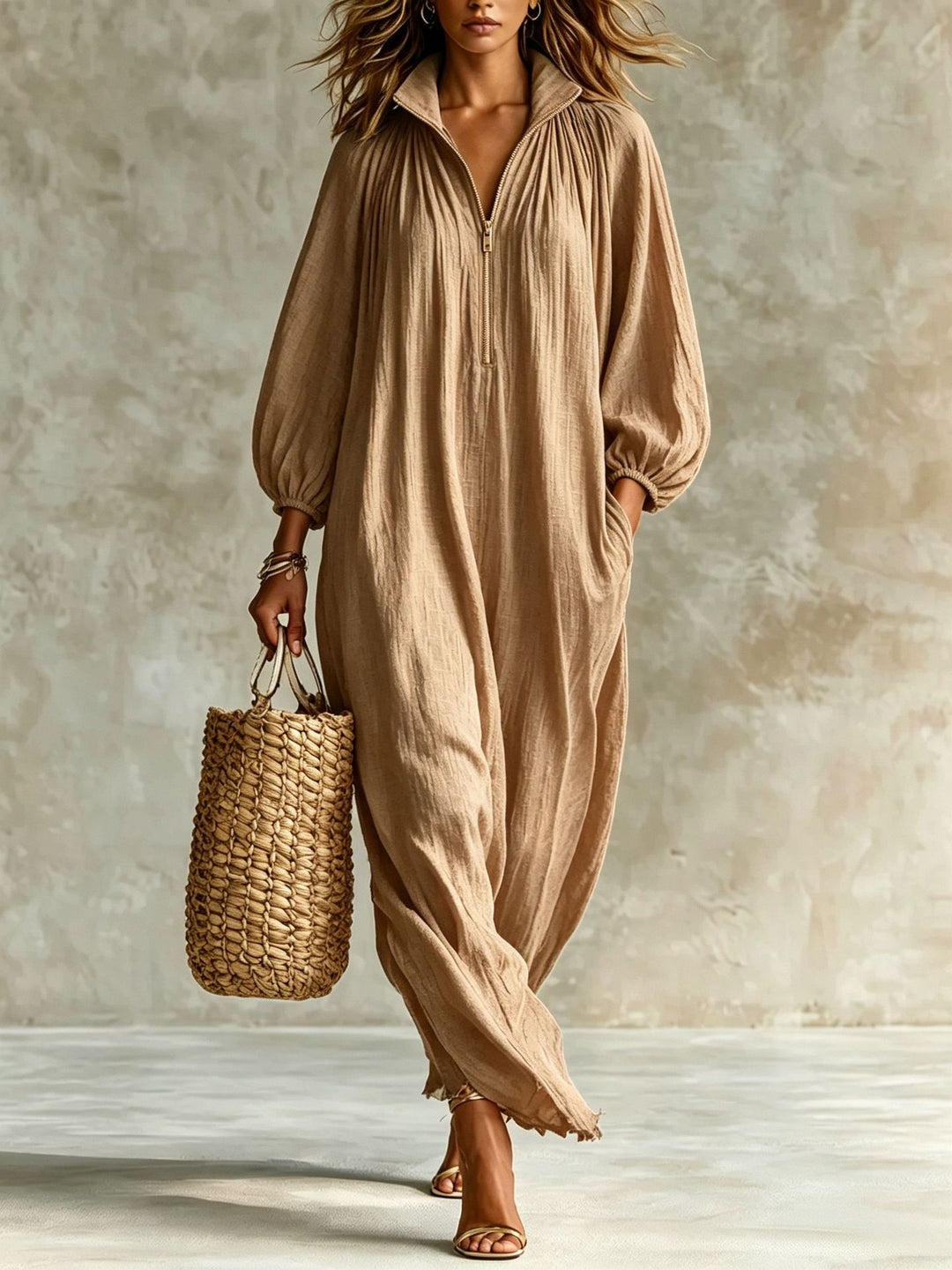 Damen Luftiger Maxi-Jumpsuit mit Ballonärmeln, halbhohem Reißverschluss und Eingrifftaschen Drune