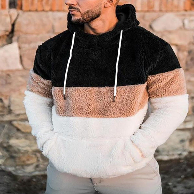 Herren Farbblock-Teddy-Fleece Kapuzenpullover mit Kängurutasche und Tunnelzug Drune