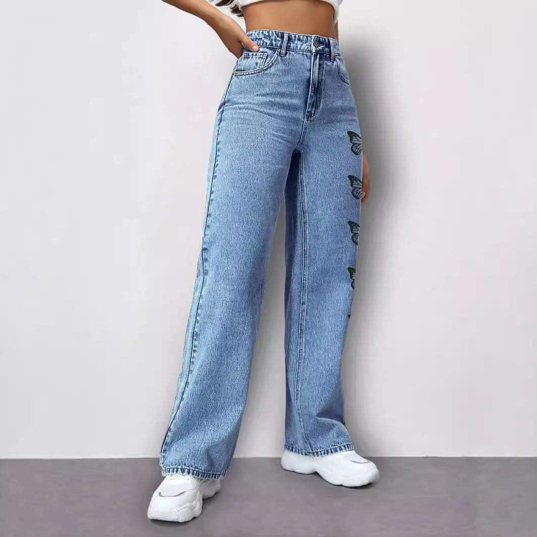 Damen High‑Waist Loose‑Fit Denimhose mit seitlichem Schmetterlingsprint Drune