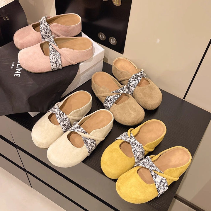 Damen Velours-Mules mit gepolstertem Fußbett und Zierkreuzriemen Drune