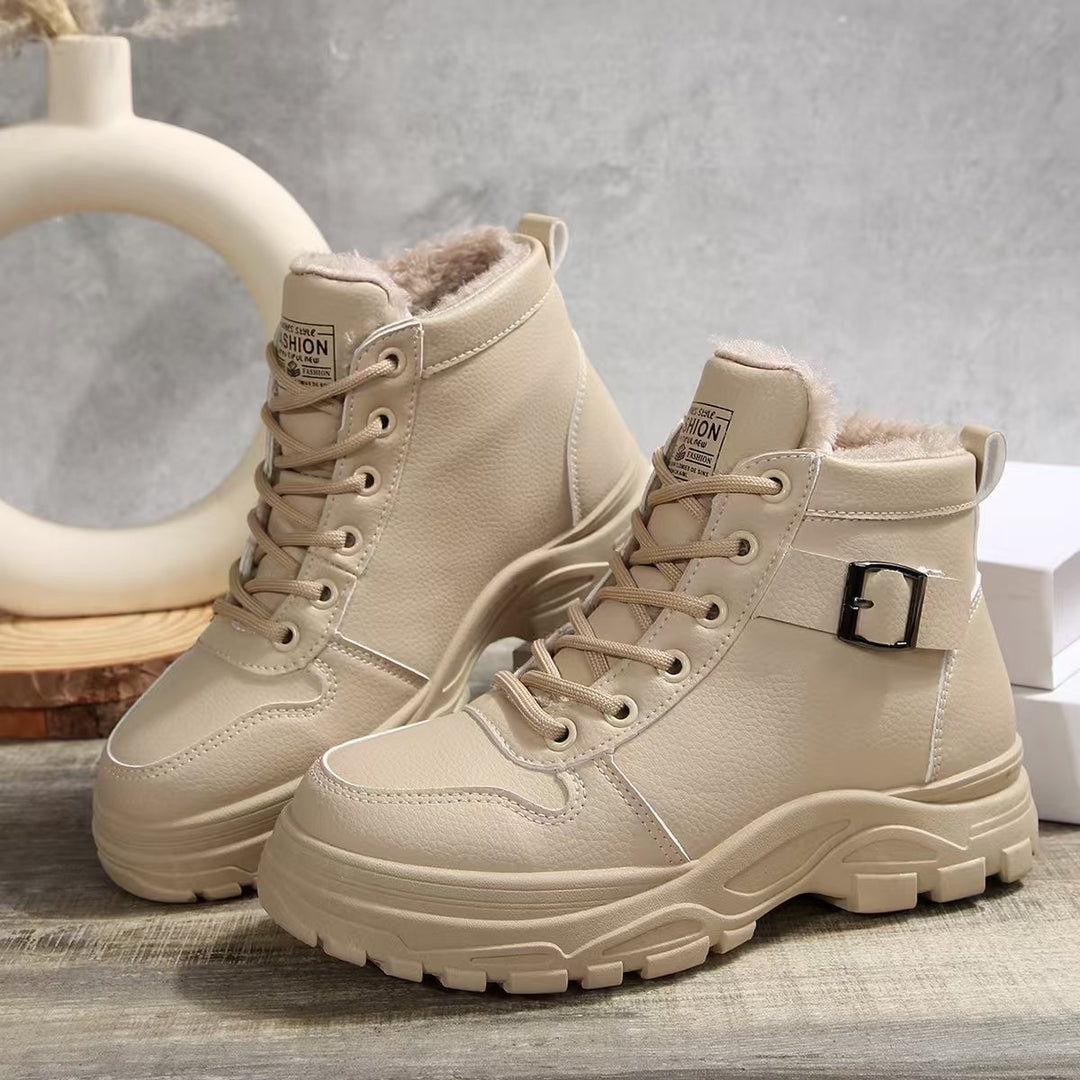 Damen  gefütterte Plateau-Schnürstiefelette mit dekorativer Metallschnalle und profilierter Gummilaufsohle Drune